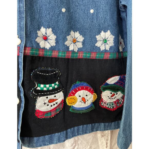 Vtg Tantrums Embroidered Christmas Denim Shirt Applique Snowmen Sz M - Picture 6 of 7